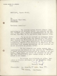 [Carta] 1961 enero 20, Santiago, Chile [a] Fernando Santiván