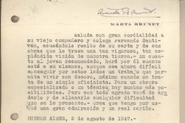 [Tarjeta] 1947 agosto 2, Buenos Aires, Argentina [a] Fernando Santiván