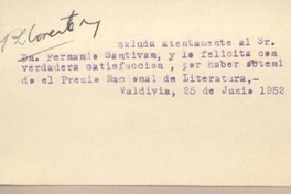 [Tarjeta] 1952 junio 25, Valdivia, Chile [a] Fernando Santiván