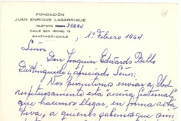 [Tarjeta] 1964 feb. 1 Santiago, Chile [a] Joaquín Edwards Bello