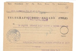 [Telegrama] 1957 feb. 15, El Almendral, Chile [a] Joaquín Edwards Bello
