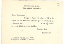 [Tarjeta] c. 1955, Santiago, Chile [a] Joaquín Edwards Bello