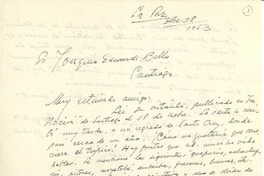 [Tarjeta] 1953 abr. 28, La Paz, Bolivia [a] Joaquín Edwards Bello