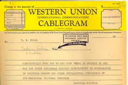 [Telegrama] Roslyn Harbor, Long Island, [Estados Unidos] [a] T. S. Eliot y Thomas Mann, London