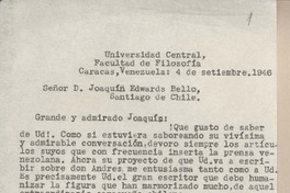 [Carta] 1946 septiembre 4, Caracas, Venezuela [a] Joaquín Edwards Bello