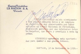 [Tarjeta] 1959 noviembre 18, Santiago, [Chile] [a] Joaquín Edwards Bello