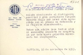 [Tarjeta] 1959 noviembre 18, Santiago, [Chile] [a] Joaquín Edwards Bello