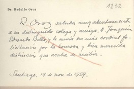 [Tarjeta] 1959 noviembre 19, Santiago, [Chile] [a] Joaquín Edwards Bello