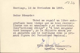 [Tarjeta] 1959 noviembre 18, Santiago, [Chile] [a] Joaquín Edwards Bello