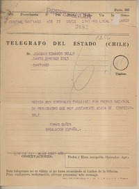 [Telegrama] 1959 noviembre 18, Santiago, [Chile] [a] Joaquín Edwards Bello