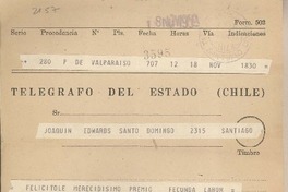 [Telegrama] 1959 noviembre 18, Valparaíso, [Chile] [a] Joaquín Edwards Bello