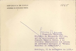 [Tarjeta] 1959 noviembre 25, Santiago, [Chile] [a] Joaquín Edwards Bello
