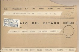 [Telegrama] 1961 febrero 18, Constitución, [Chile] [a] Joaquín Edwards Bello, [Valparaíso]