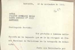 [Carta] 1959 octubre 18, Rancagua, [Chile] [a] Joaquín Edwards Bello