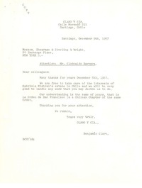 [Carta] 1957 dic. 9, Santiago, Chile [a] Messrs. Sherman & Sterling & Wright, New York