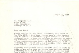 [Carta] 1958 ago. 13, New York [a] Benjamín Claro, Santiago, Chile