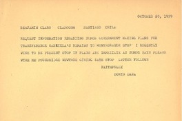 [Telegrama] 1959 oct. 30, [Pound Ridge, New York] [a] Benjamín Claro, Santiago, Chile