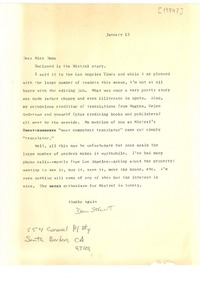 [Carta] 1974 ene. 13, Santa Barbara, California [a] Doris Dana, [New York]