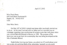 [Carta] 2002 apr. 17, Santiago, Chile [a] Doris Dana, Naples, Florida