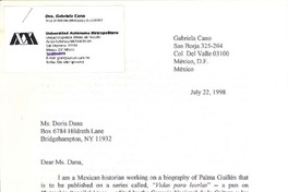 [Tarjeta] 1998 jul. 22, Mexico, D.F., [a] Doris Dana, New York