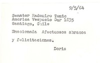 [Tarjeta] 1964, may. 9, [New York] [a] Radomiro Tomic, Santiago, Chile