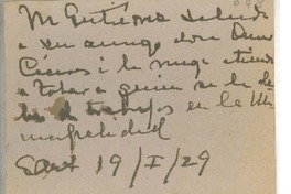 [Tarjeta] 1929 ene. 19, Santiago, Chile [a] Luis Omar Cáceres