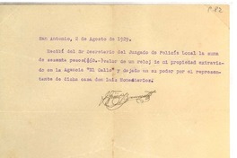 [Recibo] 1929 ago. 2, San Antonio, Chile [a] Luis Omar Cáceres