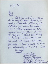 [Carta] 1977 oct. 21, Caracas, Venezuela [a] Alfonso Calderón, Santiago, Chile