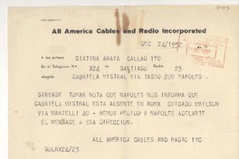 [Telegrama] 1952 dic. 24, Santiago, Chile [a] Sixtina Araya