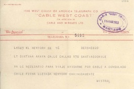 [Telegrama] 1953 mar. 16, New York, Estados Unidos [a] Sixtina Araya