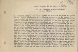 [Carta] 1947 junio 10, Bahía Blanca, Argentina [a] Armando Braun Menéndez, Buenos Aires