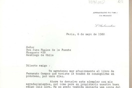 [Carta] 1980 mayo 6, Paris, Francia [a] Juan Mujica de la Fuente, Santiago [Chile]