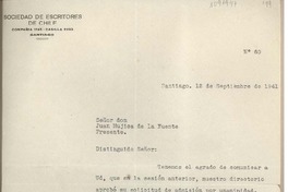 [Carta] 1941 septiembre 12, Santiago, Chile [a] Juan Mujica de la Fuente