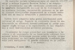 [Carta] 1962 mayo 2, Arequipa, Perú [a] Eugenio Pereira Salas.