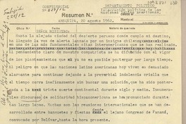 [Oficio Consular N°22712] 1962 agosto 20, Arequipa, Perú [al] Ministro de Relaciones Exteriores, Santiago, Chile