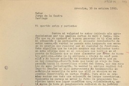[Carta] 1960 octubre 30, Arequipa, Perú [a] Jorge de la Cuadra, Santiago, Chile