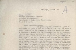 [Carta] 1962 octubre 13, Arequipa, Perú [a] Domingo Amunátegui Lecaros, Santiago, Chile