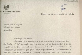 [Carta] 1961 septiembre 14, Lima, Perú [a] Juan Mujica, Arequipa, Perú