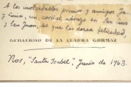 [Tarjeta] 1963 junio, Santiago, Chile [a] Juan Mujica, Arequipa, Perú