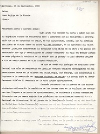[Carta] 1980 septiembre 12, Santiago, Chile [a] Juan Mujica, Lima, Perú