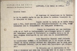 [Carta] 1962 abril 6, Santiago, Chile [a] Juan Mujica de la Fuente