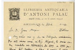 [Carta] 1950 abril 29, Barcelona, España [a] Juan Mujica de la Fuente, Bilbao