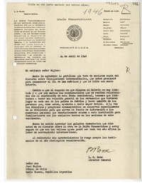 [Carta] 1946 abril 24, Washington D. C. [a] Juan Mujica, Bahía Blanca, Argentina.