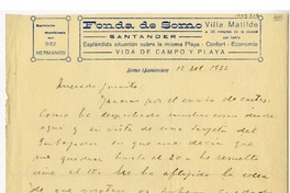 [Carta] 1932 septiembre 12, Santander, España [a] Juan Mujica de la Fuente, Madrid