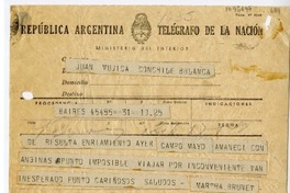 [Telegrama] 1948 mayo 17, Buenos Aires, Argentina [a] Juan Mujica, Bahía Blanca, Argentina