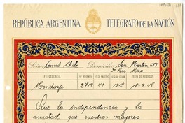 [Telegrama] 1948 septiembre 18, Mendoza, Argentina [a] Juan Mujicade la Fuente