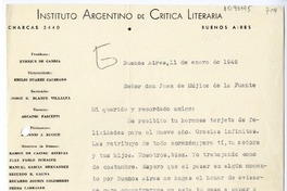 [Carta] 1946 enero 11, Buenos Aires, Argentina [a] Juan Mujica de la Fuente, Bahía Blanca
