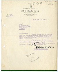 [Carta] 1947 abril 14, Santiago, Chile [a] Juan Mujica de la Fuente, Bahía Blanca, Argentina