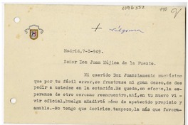 [Tarjeta] 1949 enero 7, Madrid, España [a] Juan Mujica de la Fuente