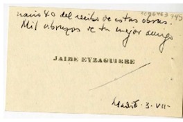 [Tarjeta] [1947] julio 3, Madrid, España [a] Juan Mujica de la Fuente